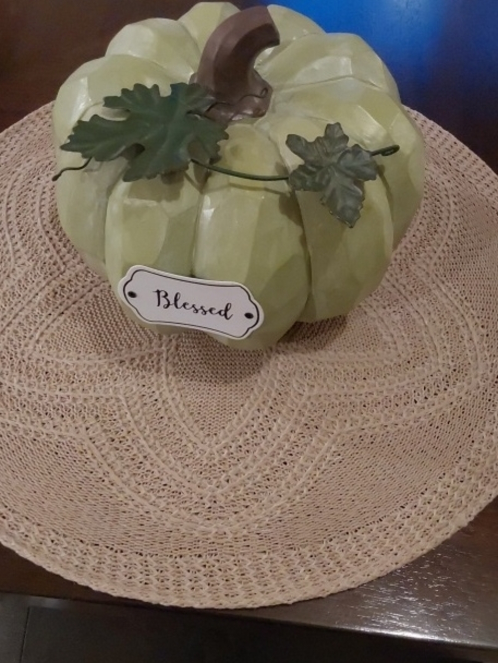 Green Decorative Pumpkin with "Blessed" Plaque - Table/ Home Decor